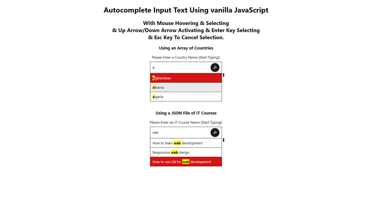 Autocomplete Text Vanilla JavaScript